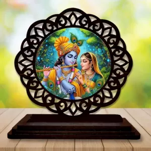 Car Desk/Table Top Radha Krishna Wooden Photo Stand  3x4 Inches, Compact & Stylish Spiritual Display For Car, Home & Office (Pack Of 1) (F19595)