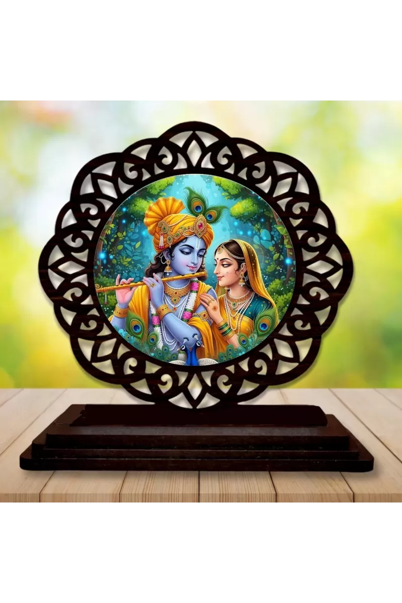 Car Desk/Table Top Radha Krishna Wooden Photo Stand  3x4 Inches, Compact & Stylish Spiritual Display For Car, Home & Office (Pack Of 1) (F19595)