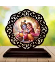 Car Desk/Table Top Radha Krishna Wooden Photo Stand  3x4 Inches, Compact & Stylish Spiritual Display For Car, Home & Office (Pack Of 1) (F19596)