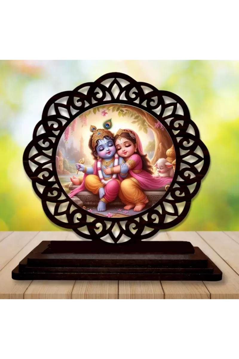 Car Desk/Table Top Radha Krishna Wooden Photo Stand  3x4 Inches, Compact & Stylish Spiritual Display For Car, Home & Office (Pack Of 1) (F19596)