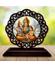 Car Desk/Table Top Parvathi Maa And Ganesha And Karthikeya Wooden Photo Stand  3x4 Inches, Compact & Stylish Spiritual Display For Car, Home & Office (Pack Of 1) (F19598)