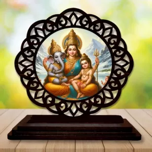 Car Desk/Table Top Parvathi Maa And Ganesha And Karthikeya Wooden Photo Stand  3x4 Inches, Compact & Stylish Spiritual Display For Car, Home & Office (Pack Of 1) (F19598)