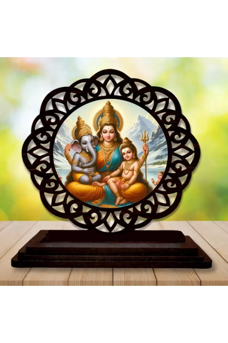 Car Desk/Table Top Parvathi Maa And Ganesha And Karthikeya Wooden Photo Stand  3x4 Inches, Compact & Stylish Spiritual Display For Car, Home & Office (Pack Of 1) (F19598)