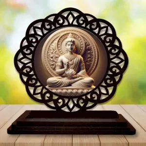 Car Desk/Table Top Lord Buddha Wooden Photo Stand  3x4 Inches, Compact & Stylish Spiritual Display For Car, Home & Office (Pack Of 1) (F19601)