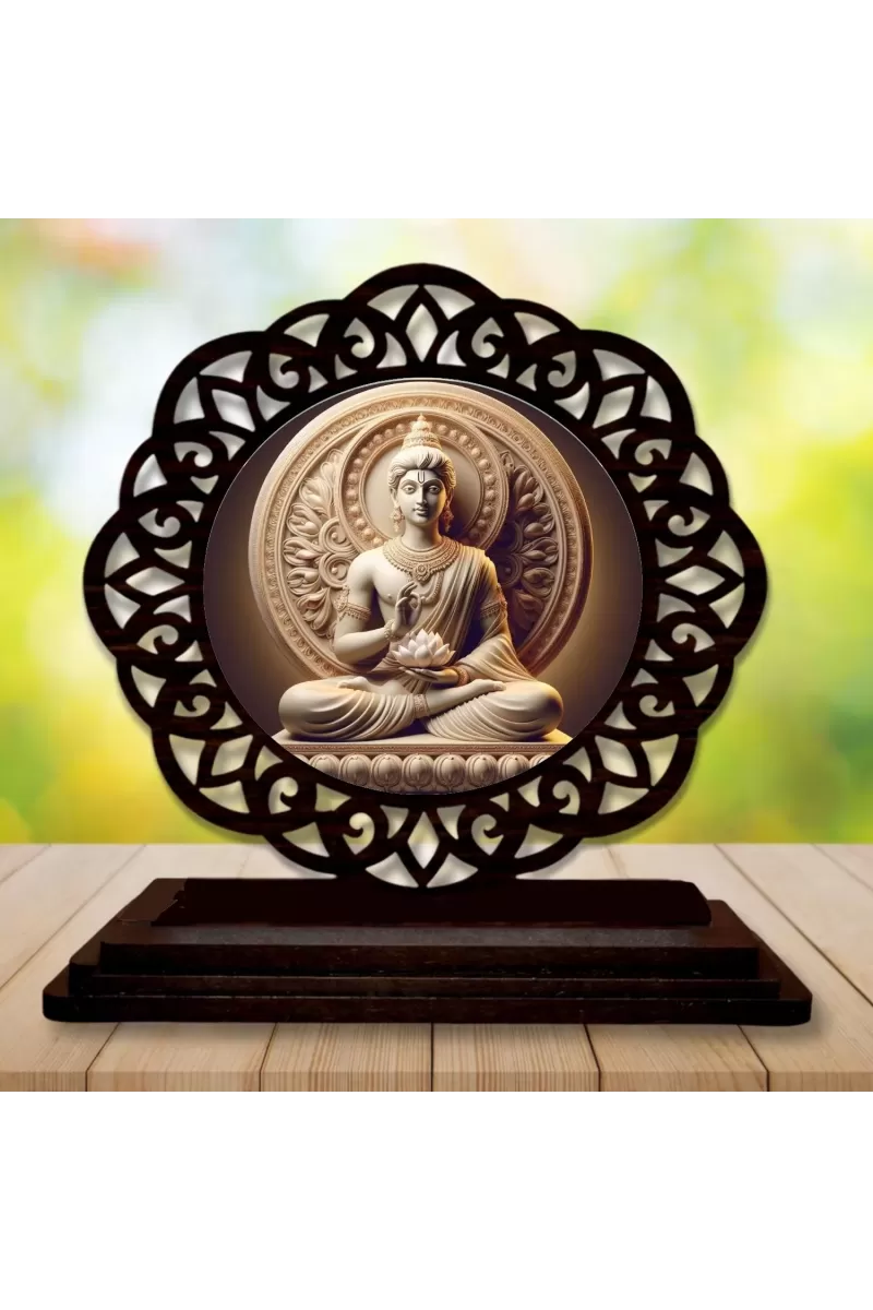 Car Desk/Table Top Lord Buddha Wooden Photo Stand  3x4 Inches, Compact & Stylish Spiritual Display For Car, Home & Office (Pack Of 1) (F19601)