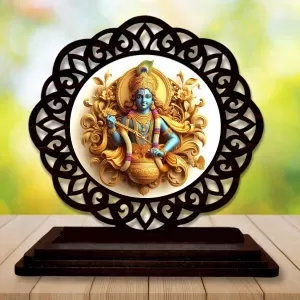 Car Desk/Table Top Lord Krishna Wooden Photo Stand  3x4 Inches, Compact & Stylish Spiritual Display For Car, Home & Office (Pack Of 1) (F19602)