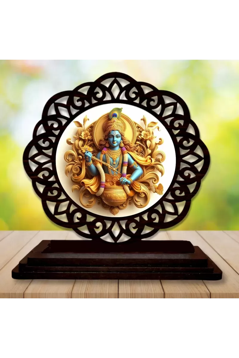 Car Desk/Table Top Lord Krishna Wooden Photo Stand  3x4 Inches, Compact & Stylish Spiritual Display For Car, Home & Office (Pack Of 1) (F19602)