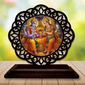 Car Desk/Table Top Lord Vishnu And Lakshmi Wooden Photo Stand  3x4 Inches, Compact & Stylish Spiritual Display For Car, Home & Office (Pack Of 1) (F19604)