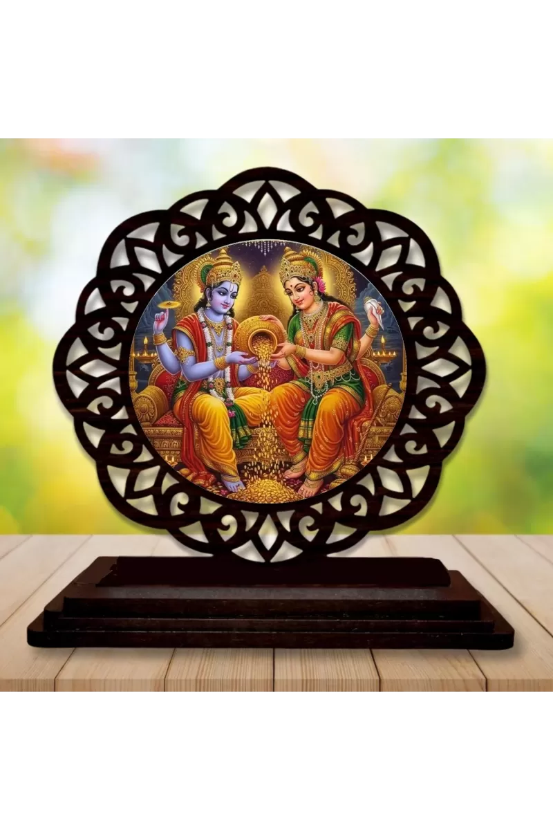 Car Desk/Table Top Lord Vishnu And Lakshmi Wooden Photo Stand  3x4 Inches, Compact & Stylish Spiritual Display For Car, Home & Office (Pack Of 1) (F19604)