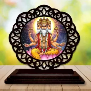 Car Desk/Table Top Lord Bramha Wooden Photo Stand  3x4 Inches, Compact & Stylish Spiritual Display For Car, Home & Office (Pack Of 1) (F19608)