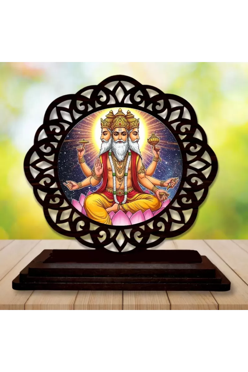 Car Desk/Table Top Lord Bramha Wooden Photo Stand  3x4 Inches, Compact & Stylish Spiritual Display For Car, Home & Office (Pack Of 1) (F19608)