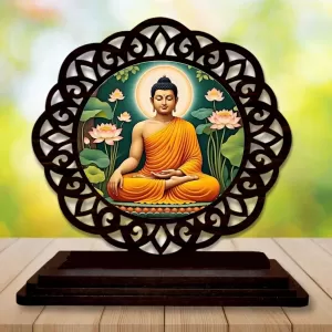 Car Desk/Table Top Lord  Buddha Wooden Photo Stand  3x4 Inches, Compact & Stylish Spiritual Display For Car, Home & Office (Pack Of 1) (F19609)