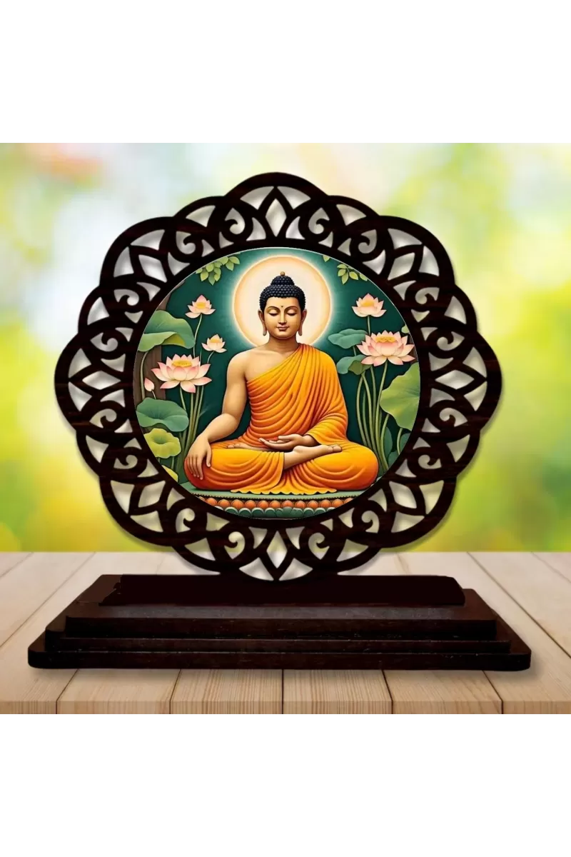 Car Desk/Table Top Lord  Buddha Wooden Photo Stand  3x4 Inches, Compact & Stylish Spiritual Display For Car, Home & Office (Pack Of 1) (F19609)