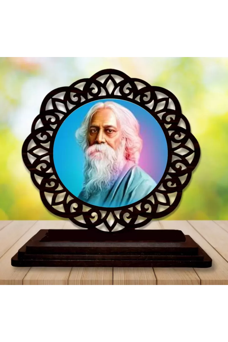 Car Desk/Table Top Rabindranath Tagore Wooden Photo Stand  3x4 Inches, Compact & Stylish Spiritual Display For Car, Home & Office (Pack Of 1) (F19614)