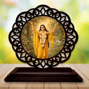 Car Desk/Table Top Sri Chaitanya Mahaprabhu Wooden Photo Stand  3x4 Inches, Compact & Stylish Spiritual Display For Car, Home & Office (Pack Of 1) (F19616)