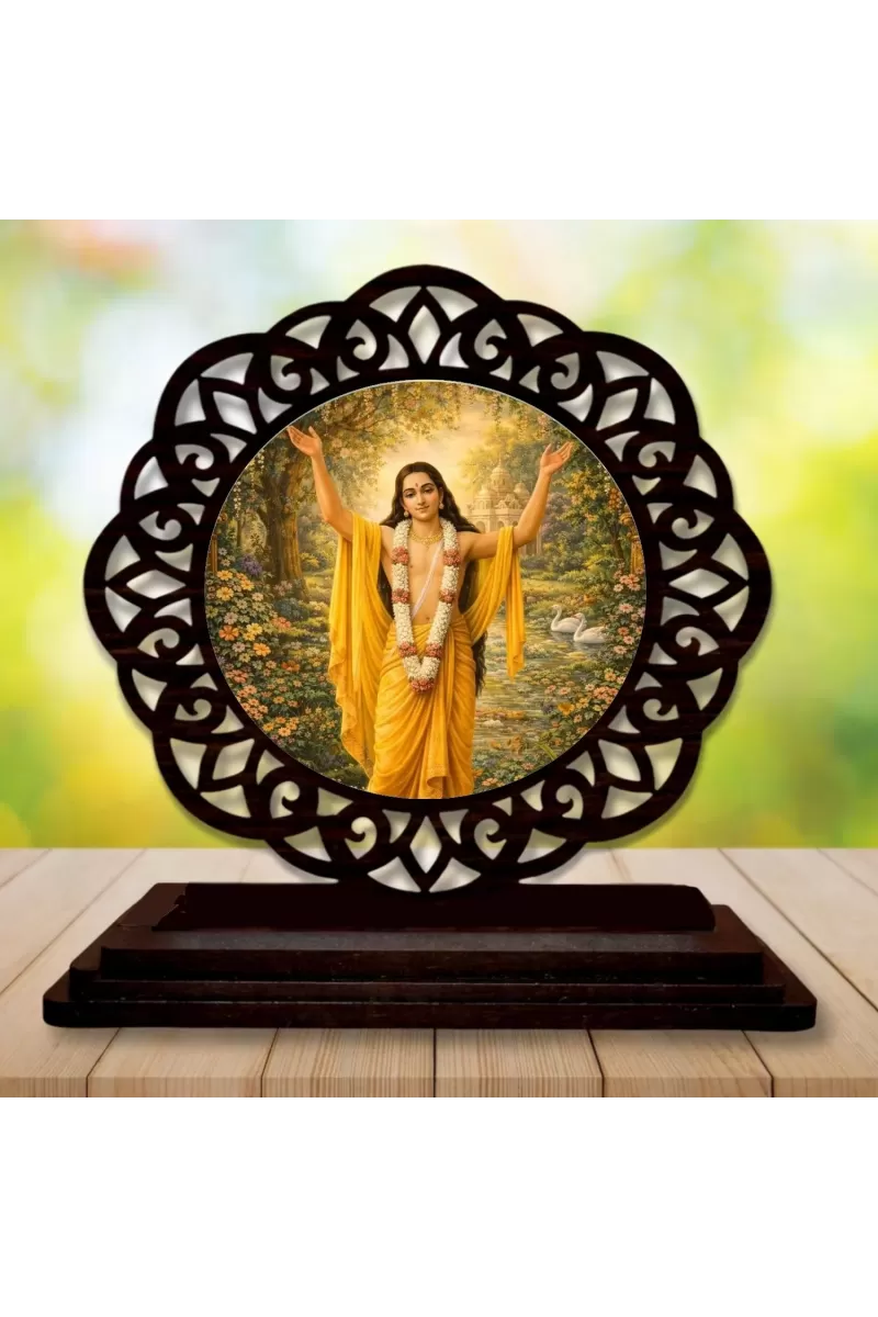 Car Desk/Table Top Sri Chaitanya Mahaprabhu Wooden Photo Stand  3x4 Inches, Compact & Stylish Spiritual Display For Car, Home & Office (Pack Of 1) (F19616)