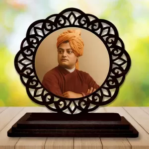Car Desk/Table Top Swami Vivekananda Wooden Photo Stand  3x4 Inches, Compact & Stylish Spiritual Display For Car, Home & Office (Pack Of 1) (F19619)