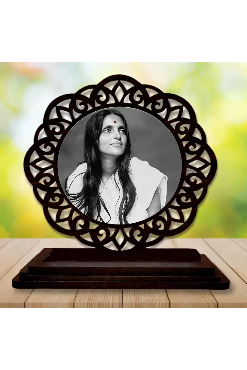 Car Desk/Table Top Ananadamayi Maa Wooden Photo Stand  3x4 Inches, Compact & Stylish Spiritual Display For Car, Home & Office (Pack Of 1) (F19629)