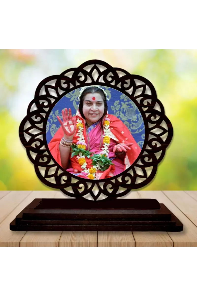 Car Desk/Table Top  Shri Mataji Nirmala Devi Wooden Photo Stand  3x4 Inches, Compact & Stylish Spiritual Display For Car, Home & Office (Pack Of 1) (F19637)