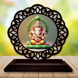 Car Desk/Table Top Lord Ganesha Wooden Photo Stand  3x4 Inches, Compact & Stylish Spiritual Display For Car, Home & Office (Pack Of 1) (F19639)