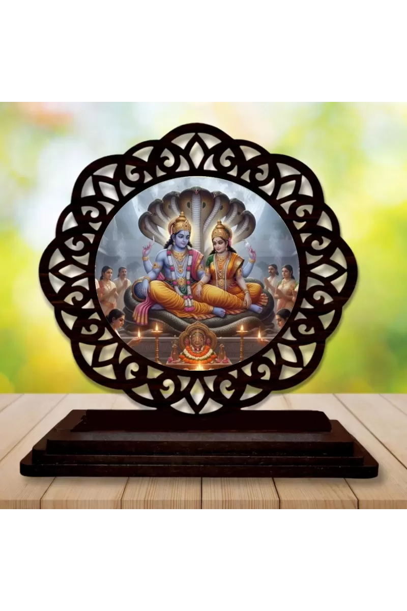 Car Desk/Table Top Lord Vishnu Lakshmi Wooden Photo Stand  3x4 Inches, Compact & Stylish Spiritual Display For Car, Home & Office (Pack Of 1) (F19642)