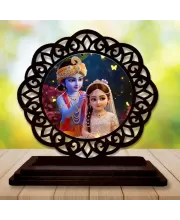 Car Desk/Table Top Radha Krishna Wooden Photo Stand  3x4 Inches, Compact & Stylish Spiritual Display For Car, Home & Office (Pack Of 1) (F19643)