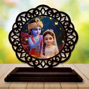 Car Desk/Table Top Radha Krishna Wooden Photo Stand  3x4 Inches, Compact & Stylish Spiritual Display For Car, Home & Office (Pack Of 1) (F19643)