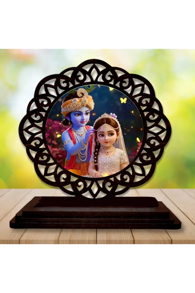 Car Desk/Table Top Radha Krishna Wooden Photo Stand  3x4 Inches, Compact & Stylish Spiritual Display For Car, Home & Office (Pack Of 1) (F19643)