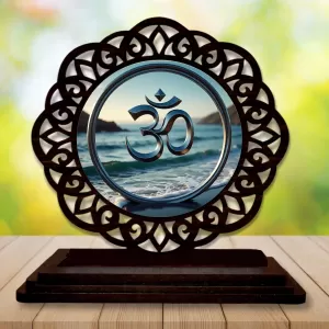 Car Desk/Table Top Om Symbol Wooden Photo Stand  3x4 Inches, Compact & Stylish Spiritual Display For Car, Home & Office (Pack Of 1) (F19644)