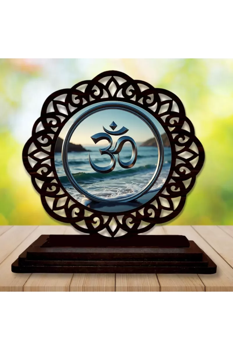 Car Desk/Table Top Om Symbol Wooden Photo Stand  3x4 Inches, Compact & Stylish Spiritual Display For Car, Home & Office (Pack Of 1) (F19644)