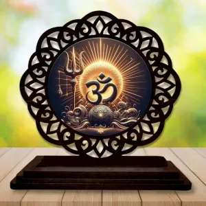 Car Desk/Table Top Om Symbol Wooden Photo Stand  3x4 Inches, Compact & Stylish Spiritual Display For Car, Home & Office (Pack Of 1) (F19645)