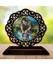 Car Desk/Table Top Radha Krishna Wooden Photo Stand  3x4 Inches, Compact & Stylish Spiritual Display For Car, Home & Office (Pack Of 1) (F19646)