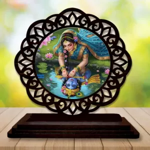 Car Desk/Table Top Radha Krishna Wooden Photo Stand  3x4 Inches, Compact & Stylish Spiritual Display For Car, Home & Office (Pack Of 1) (F19646)