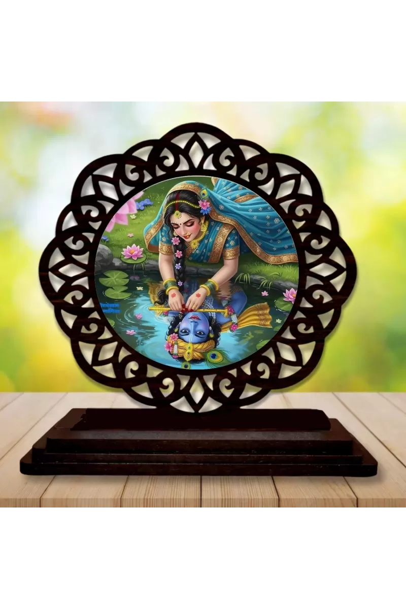 Car Desk/Table Top Radha Krishna Wooden Photo Stand  3x4 Inches, Compact & Stylish Spiritual Display For Car, Home & Office (Pack Of 1) (F19646)