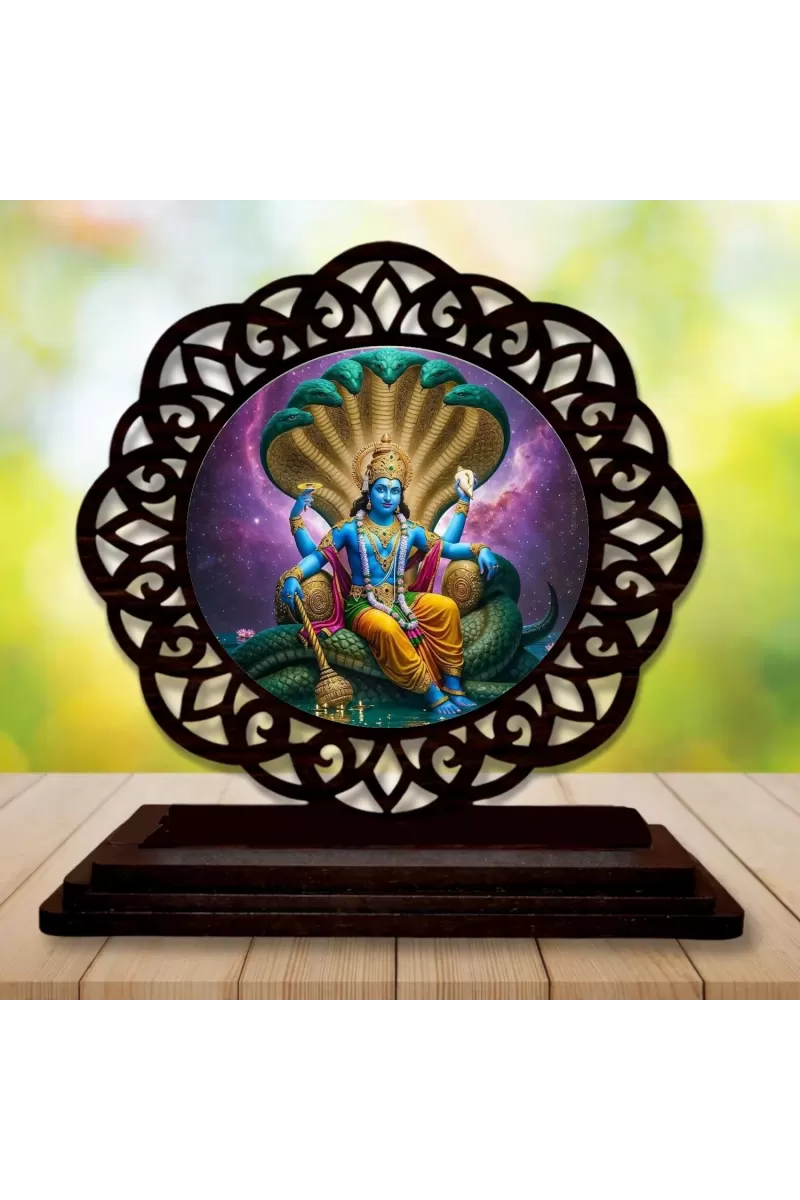 Car Desk/Table Top Lord Vishnu Wooden Photo Stand  3x4 Inches, Compact & Stylish Spiritual Display For Car, Home & Office (Pack Of 1) (F19648)