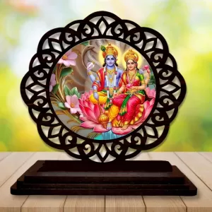 Car Desk/Table Top Lord Vishnu Laskhmi Wooden Photo Stand  3x4 Inches, Compact & Stylish Spiritual Display For Car, Home & Office (Pack Of 1) (F19650)
