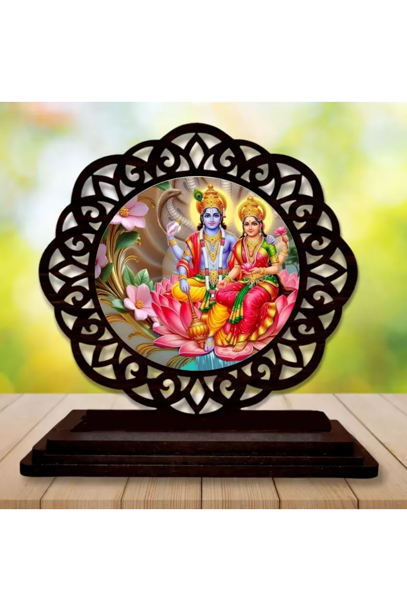 Car Desk/Table Top Lord Vishnu Laskhmi Wooden Photo Stand  3x4 Inches, Compact & Stylish Spiritual Display For Car, Home & Office (Pack Of 1) (F19650)