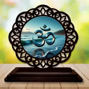 Car Desk/Table Top Om Symbol Wooden Photo Stand  3x4 Inches, Compact & Stylish Spiritual Display For Car, Home & Office (Pack Of 1) (F19652)