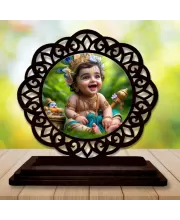 Car Desk/Table Top Lord Krishna Wooden Photo Stand  3x4 Inches, Compact & Stylish Spiritual Display For Car, Home & Office (Pack Of 1) (F19653)