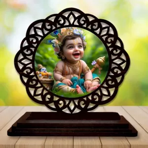 Car Desk/Table Top Lord Krishna Wooden Photo Stand  3x4 Inches, Compact & Stylish Spiritual Display For Car, Home & Office (Pack Of 1) (F19653)
