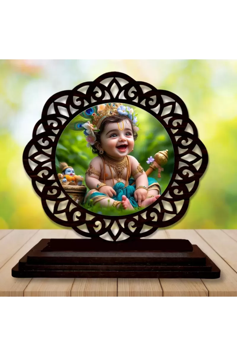 Car Desk/Table Top Lord Krishna Wooden Photo Stand  3x4 Inches, Compact & Stylish Spiritual Display For Car, Home & Office (Pack Of 1) (F19653)