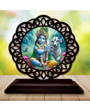 Car Desk/Table Top Lord Krishna Wooden Photo Stand  3x4 Inches, Compact & Stylish Spiritual Display For Car, Home & Office (Pack Of 1) (F19656)