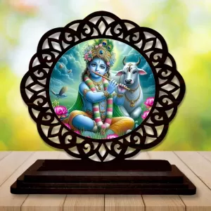 Car Desk/Table Top Lord Krishna Wooden Photo Stand  3x4 Inches, Compact & Stylish Spiritual Display For Car, Home & Office (Pack Of 1) (F19656)