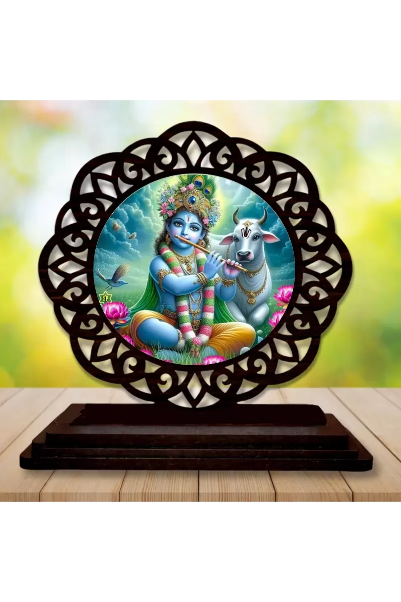 Car Desk/Table Top Lord Krishna Wooden Photo Stand  3x4 Inches, Compact & Stylish Spiritual Display For Car, Home & Office (Pack Of 1) (F19656)