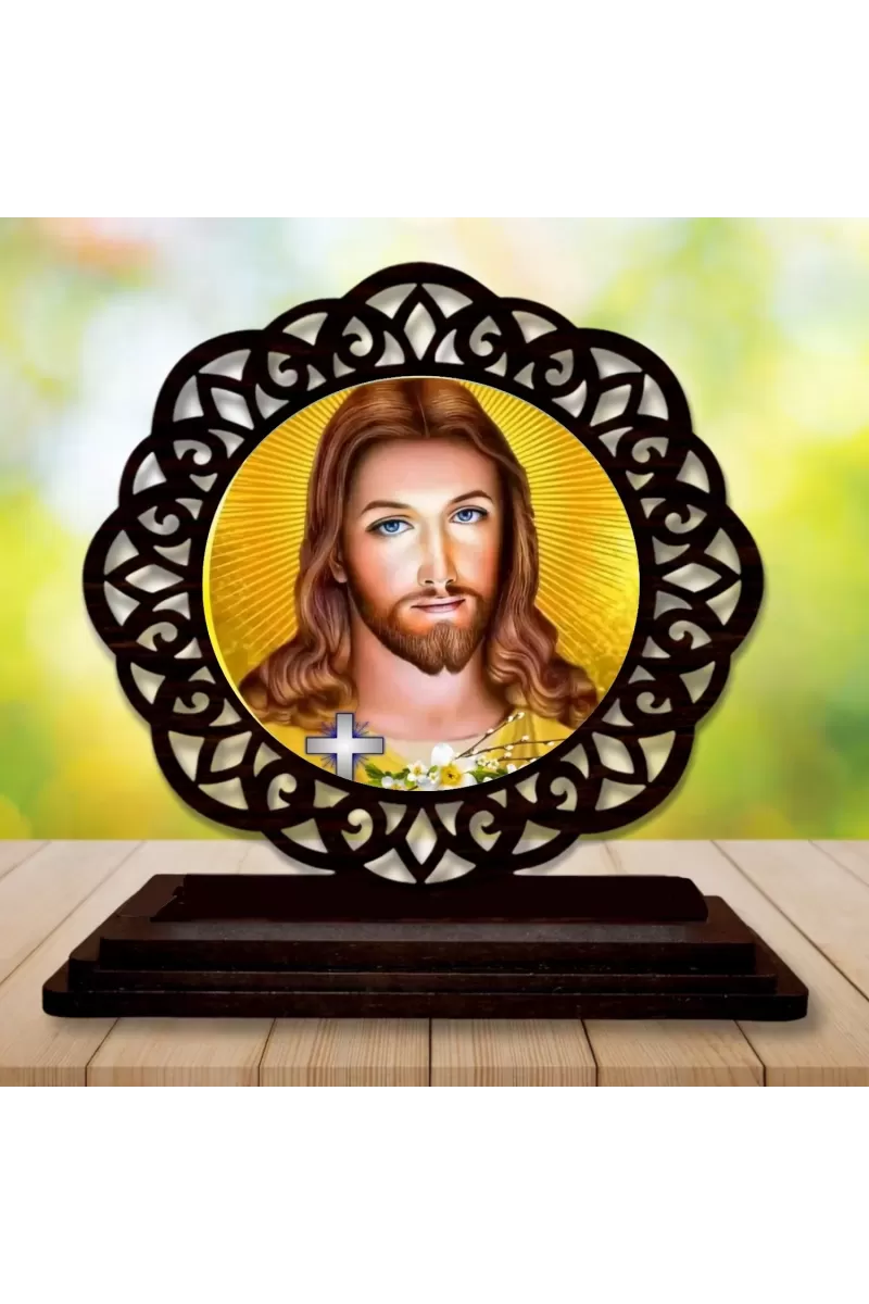Car Desk/Table Top Lord Jesus Wooden Photo Stand  3x4 Inches, Compact & Stylish Spiritual Display For Car, Home & Office (Pack Of 1) (F19658)