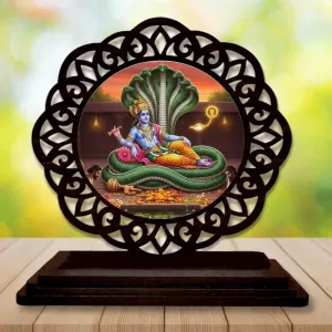Car Desk/Table Top Lord Vishnu Wooden Photo Stand  3x4 Inches, Compact & Stylish Spiritual Display For Car, Home & Office (Pack Of 1) (F19663)