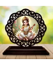 Car Desk/Table Top Goddess Saraswathi Wooden Photo Stand  3x4 Inches, Compact & Stylish Spiritual Display For Car, Home & Office (Pack Of 1) (F19664)
