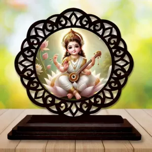 Car Desk/Table Top Goddess Saraswathi Wooden Photo Stand  3x4 Inches, Compact & Stylish Spiritual Display For Car, Home & Office (Pack Of 1) (F19664)