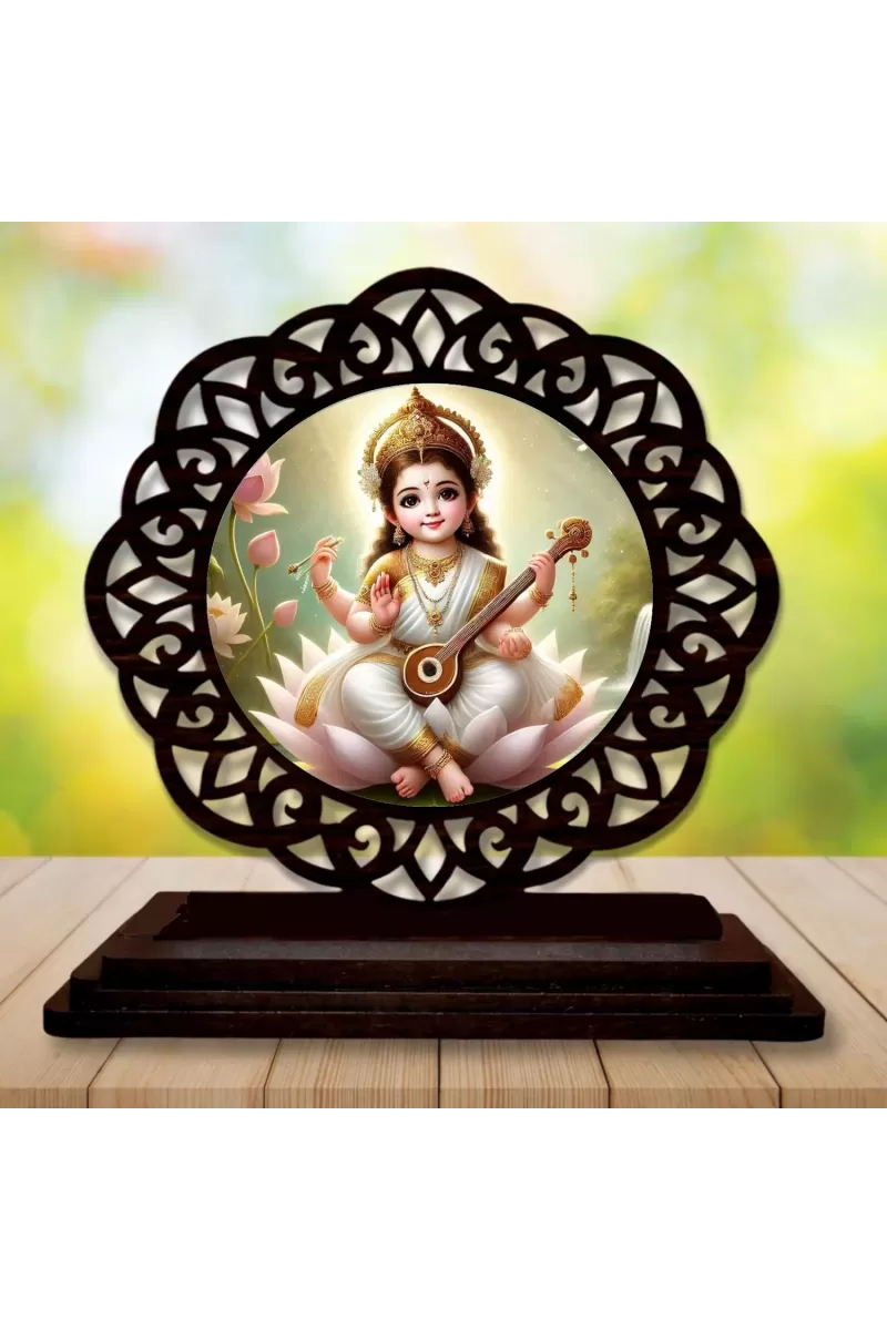Car Desk/Table Top Goddess Saraswathi Wooden Photo Stand  3x4 Inches, Compact & Stylish Spiritual Display For Car, Home & Office (Pack Of 1) (F19664)
