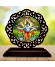 Car Desk/Table Top Lord Krishna Wooden Photo Stand  3x4 Inches, Compact & Stylish Spiritual Display For Car, Home & Office (Pack Of 1) (F19669)